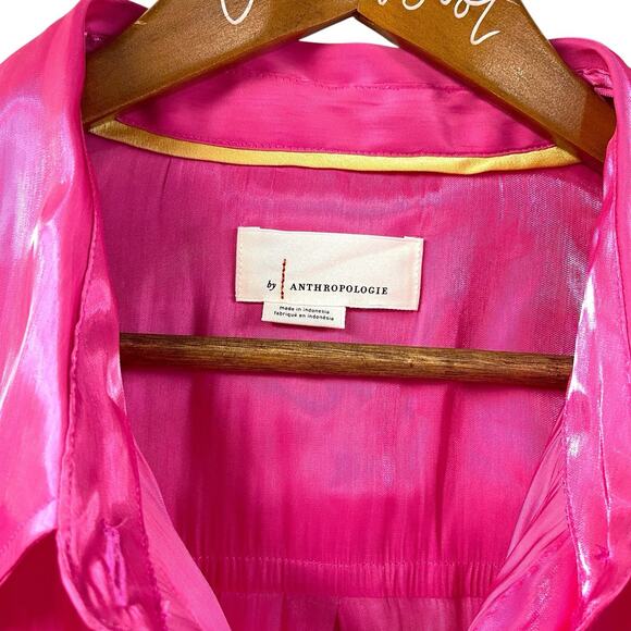 by Anthropologie Pink Shiny Silky Shirt Long Sleeve Blouse Iridescent - Picture 3 of 7
